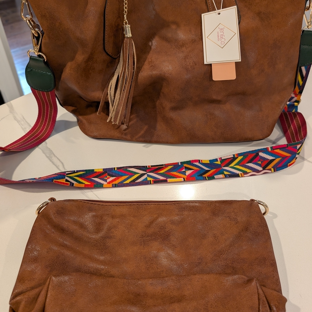 Jen And Co Brown Vegan Leather Bag In A Bag with Colorful Strap